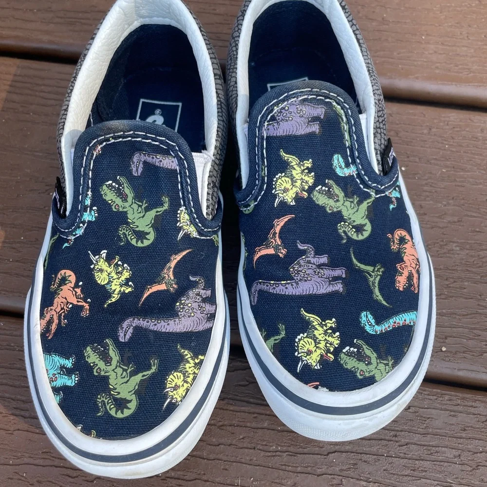 Vans Kids Slip-On Sneakers - Navy with Dinosaur Print - Picture 2 of 5